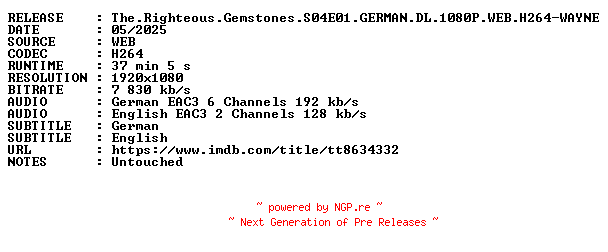 NFO for the release The.Righteous.Gemstones.S04E01.GERMAN.DL.1080P.WEB.H264-WAYNE by WAYNE