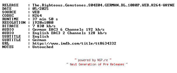 NFO for the release The.Righteous.Gemstones.S04E04.GERMAN.DL.1080P.WEB.H264-WAYNE by WAYNE