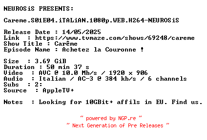 NFO for the release Careme.S01E04.iTALiAN.1080p.WEB.H264-NEUROSiS by NEUROSiS