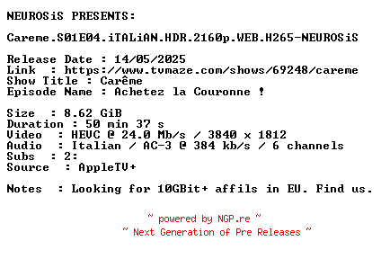 NFO for the release Careme.S01E04.iTALiAN.HDR.2160p.WEB.H265-NEUROSiS by NEUROSiS
