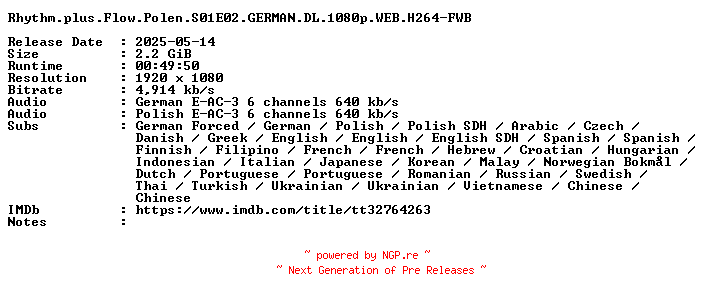 NFO for the release Rhythm.plus.Flow.Polen.S01E02.GERMAN.DL.1080p.WEB.H264-FWB by FWB