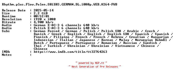 NFO for the release Rhythm.plus.Flow.Polen.S01E03.GERMAN.DL.1080p.WEB.H264-FWB by FWB