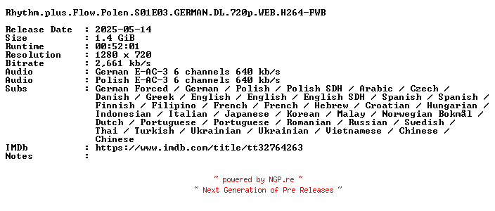 NFO for the release Rhythm.plus.Flow.Polen.S01E03.GERMAN.DL.720p.WEB.H264-FWB by FWB