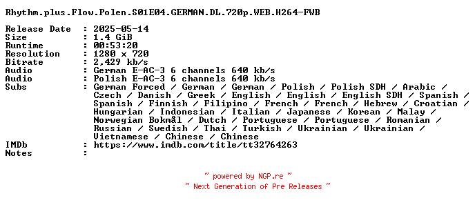 NFO for the release Rhythm.plus.Flow.Polen.S01E04.GERMAN.DL.720p.WEB.H264-FWB by FWB