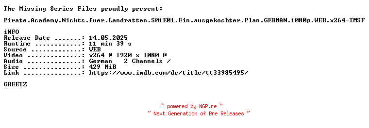 NFO for the release Pirate.Academy.Nichts.fuer.Landratten.S01E01.Ein.ausgekochter.Plan.GERMAN.1080p.WEB.x264-TMSF by TMSF