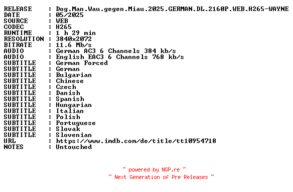 NFO for the release Dog.Man.Wau.gegen.Miau.2025.GERMAN.DL.2160P.WEB.H265-WAYNE by WAYNE