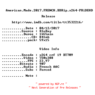 NFO for the release American.Made.2017.FRENCH.BDRip.x264-PRiDEHD by PRiDEHD
