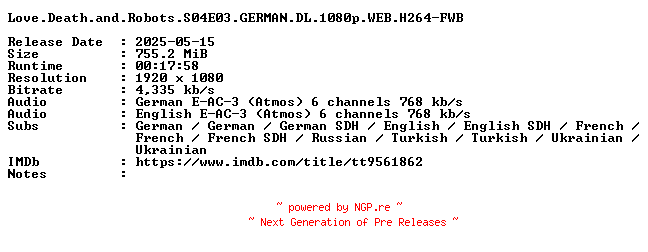 NFO for the release Love.Death.and.Robots.S04E03.GERMAN.DL.1080p.WEB.H264-FWB by FWB