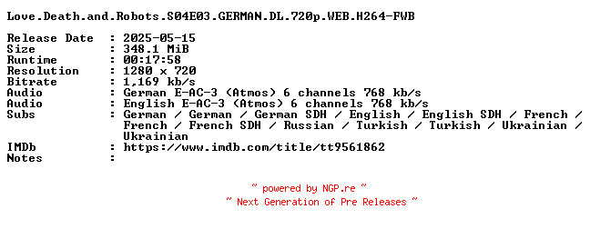 NFO for the release Love.Death.and.Robots.S04E03.GERMAN.DL.720p.WEB.H264-FWB by FWB