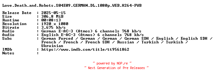 NFO for the release Love.Death.and.Robots.S04E09.GERMAN.DL.1080p.WEB.H264-FWB by FWB