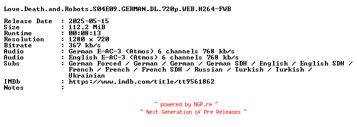 NFO for the release Love.Death.and.Robots.S04E09.GERMAN.DL.720p.WEB.H264-FWB by FWB