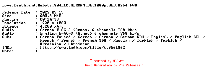 NFO for the release Love.Death.and.Robots.S04E10.GERMAN.DL.1080p.WEB.H264-FWB by FWB