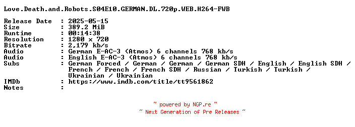 NFO for the release Love.Death.and.Robots.S04E10.GERMAN.DL.720p.WEB.H264-FWB by FWB