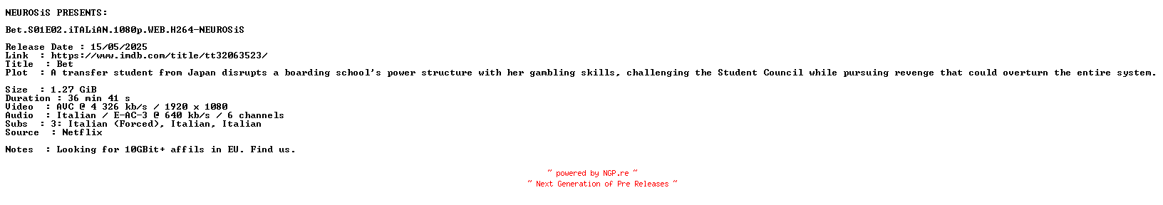 NFO for the release Bet.S01E02.iTALiAN.1080p.WEB.H264-NEUROSiS by NEUROSiS