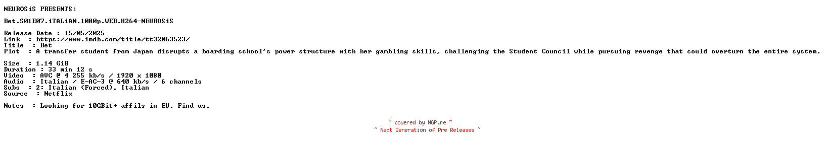 NFO for the release Bet.S01E07.iTALiAN.1080p.WEB.H264-NEUROSiS by NEUROSiS