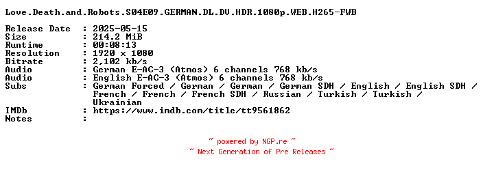 NFO for the release Love.Death.and.Robots.S04E09.GERMAN.DL.DV.HDR.1080p.WEB.H265-FWB by FWB