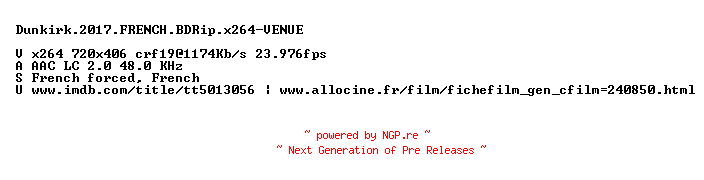 NFO for the release Dunkirk.2017.FRENCH.BDRip.x264-VENUE by VENUE