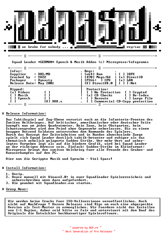 NFO for the release Squad.Leader.Musik.und.Speech.Addon.GERMAN-DYNASTY by DYNASTY