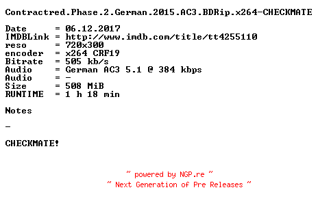 NFO for the release Contractred.Phase.2.German.2015.AC3.BDRip.x264-CHECKMATE by CHECKMATE