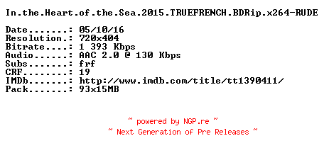 NFO for the release In.the.Heart.of.the.Sea.2015.TRUEFRENCH.BDRip.x264-RUDE by RUDE