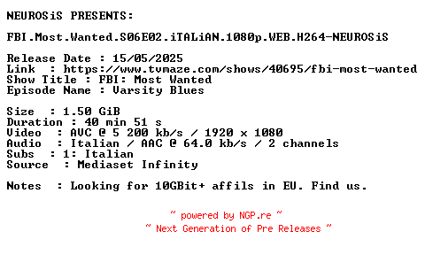 NFO for the release FBI.Most.Wanted.S06E02.iTALiAN.1080p.WEB.H264-NEUROSiS by NEUROSiS