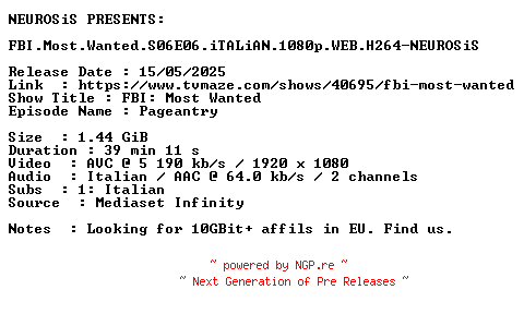NFO for the release FBI.Most.Wanted.S06E06.iTALiAN.1080p.WEB.H264-NEUROSiS by NEUROSiS