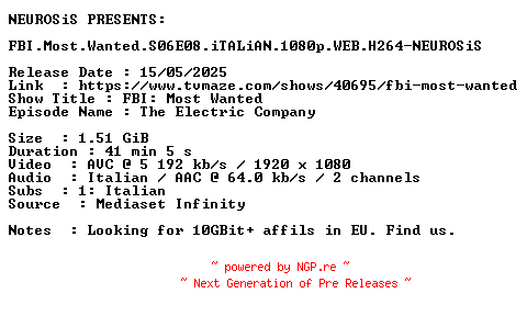 NFO for the release FBI.Most.Wanted.S06E08.iTALiAN.1080p.WEB.H264-NEUROSiS by NEUROSiS