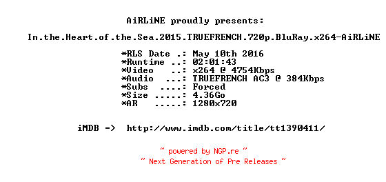 NFO for the release In.the.Heart.of.the.Sea.2015.TRUEFRENCH.720p.BluRay.x264-AiRLiNE by AiRLiNE