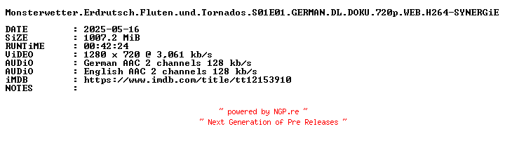 NFO for the release Monsterwetter.Erdrutsch.Fluten.und.Tornados.S01E01.GERMAN.DL.DOKU.720p.WEB.H264-SYNERGiE by SYNERGiE