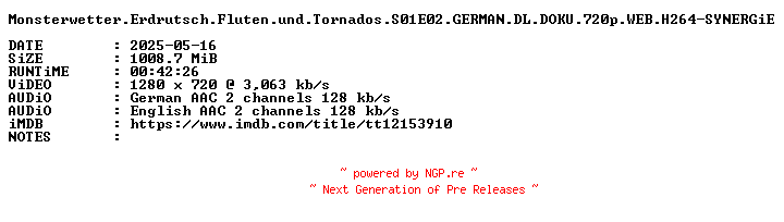 NFO for the release Monsterwetter.Erdrutsch.Fluten.und.Tornados.S01E02.GERMAN.DL.DOKU.720p.WEB.H264-SYNERGiE by SYNERGiE