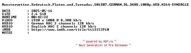 NFO for the release Monsterwetter.Erdrutsch.Fluten.und.Tornados.S01E07.GERMAN.DL.DOKU.1080p.WEB.H264-SYNERGiE by SYNERGiE