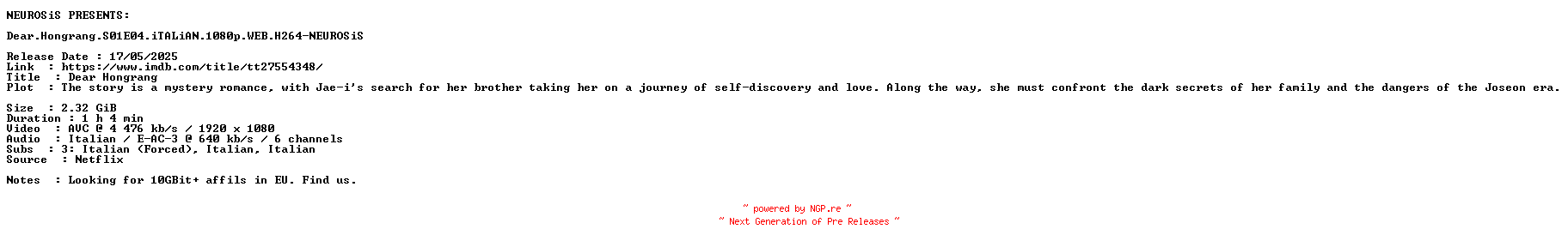 NFO for the release Dear.Hongrang.S01E04.iTALiAN.1080p.WEB.H264-NEUROSiS by NEUROSiS