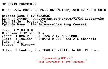 NFO for the release Doctor.Who.2023.S02E06.iTALiAN.1080p.WEB.H264-NEUROSiS by NEUROSiS