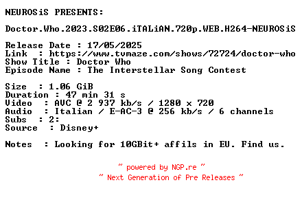 NFO for the release Doctor.Who.2023.S02E06.iTALiAN.720p.WEB.H264-NEUROSiS by NEUROSiS