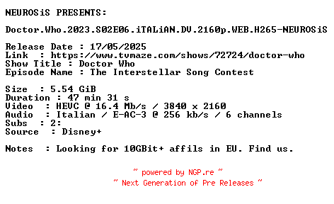 NFO for the release Doctor.Who.2023.S02E06.iTALiAN.DV.2160p.WEB.H265-NEUROSiS by NEUROSiS