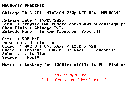 NFO for the release Chicago.PD.S12E11.iTALiAN.720p.WEB.H264-NEUROSiS by NEUROSiS