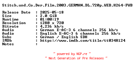 NFO for the release Stitch.und.Co.Der.Film.2003.GERMAN.DL.720p.WEB.H264-FWB by FWB