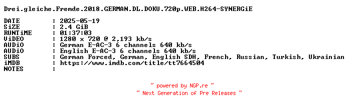 NFO for the release Drei.gleiche.Fremde.2018.GERMAN.DL.DOKU.720p.WEB.H264-SYNERGiE by SYNERGiE