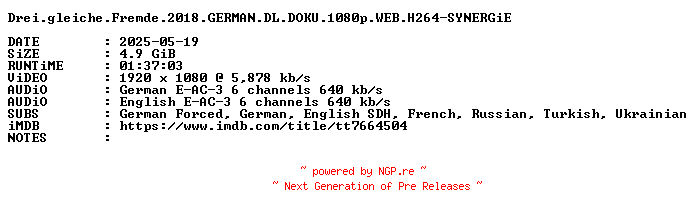 NFO for the release Drei.gleiche.Fremde.2018.GERMAN.DL.DOKU.1080p.WEB.H264-SYNERGiE by SYNERGiE