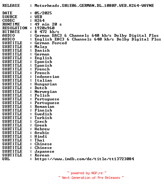 NFO for the release Motorheads.S01E06.GERMAN.DL.1080P.WEB.H264-WAYNE by WAYNE