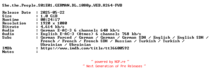 NFO for the release She.the.People.S01E01.GERMAN.DL.1080p.WEB.H264-FWB by FWB