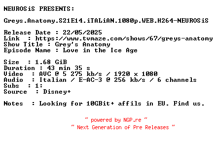 NFO for the release Greys.Anatomy.S21E14.iTALiAN.1080p.WEB.H264-NEUROSiS by NEUROSiS