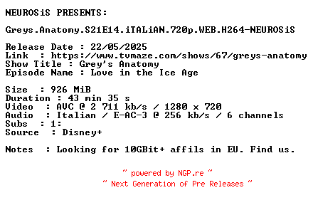 NFO for the release Greys.Anatomy.S21E14.iTALiAN.720p.WEB.H264-NEUROSiS by NEUROSiS