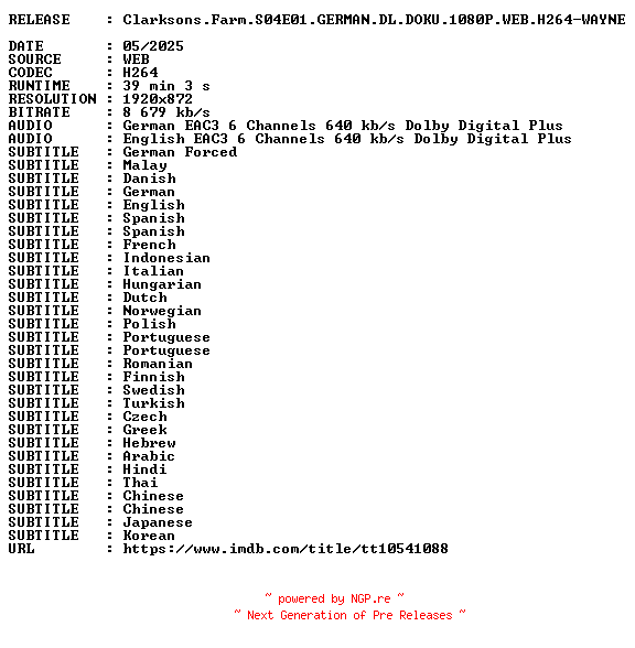 NFO for the release Clarksons.Farm.S04E01.GERMAN.DL.DOKU.1080P.WEB.H264-WAYNE by WAYNE