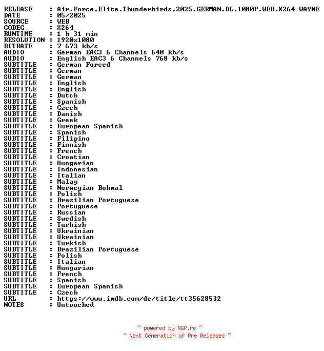 NFO for the release Air.Force.Elite.Thunderbirds.2025.GERMAN.DL.1080P.WEB.X264-WAYNE by WAYNE