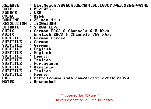 NFO for the release Big.Mouth.S08E04.GERMAN.DL.1080P.WEB.X264-WAYNE by WAYNE