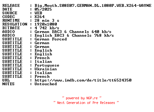 NFO for the release Big.Mouth.S08E07.GERMAN.DL.1080P.WEB.X264-WAYNE by WAYNE