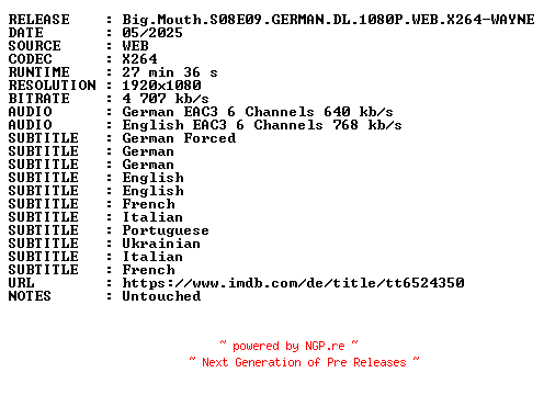 NFO for the release Big.Mouth.S08E09.GERMAN.DL.1080P.WEB.X264-WAYNE by WAYNE
