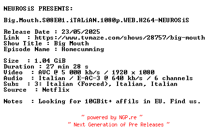 NFO for the release Big.Mouth.S08E01.iTALiAN.1080p.WEB.H264-NEUROSiS by NEUROSiS