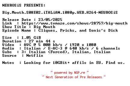 NFO for the release Big.Mouth.S08E02.iTALiAN.1080p.WEB.H264-NEUROSiS by NEUROSiS